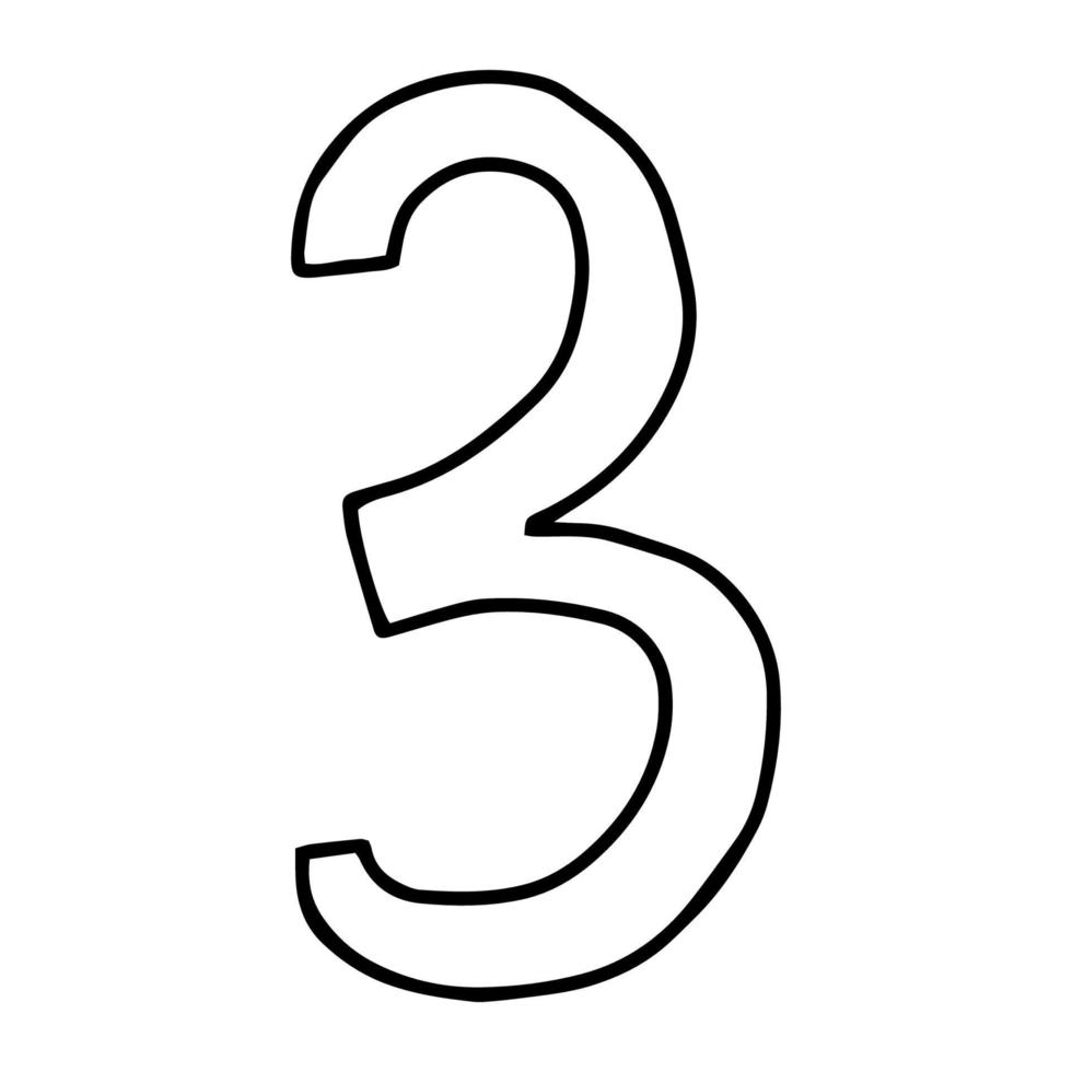 il numero 3 disegnato nello stile doodle.disegno di contorno a mano.immagine in bianco e nero.monocromatico.matematica e aritmetica.illustrazione vettoriale