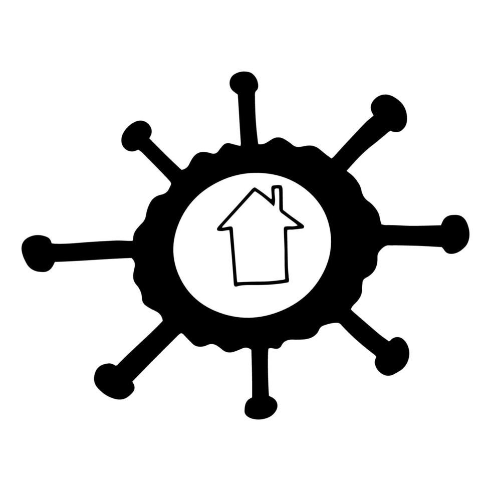 la casa è circondata da un'illustrazione di doodle di coronavirus.disegno di contorno a mano.illustrazione in bianco e nero.disegno monocromatico.immagine vettoriale