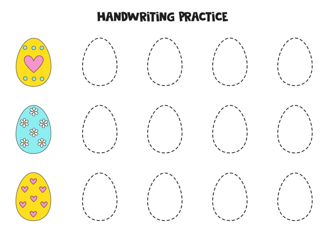 tracciando contorni di simpatiche uova di Pasqua colorate. Pratica di scrittura. vettore