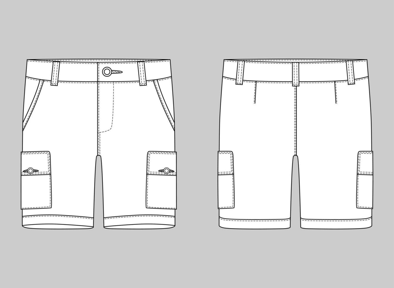 modello di progettazione dei pantaloni di pantaloncini cargo di schizzo tecnico. pantaloni cargo. vettore