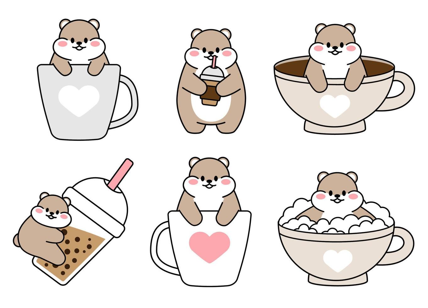 set di simpatici criceti disegnati. criceto kawaii in una grande tazza di caffè e tè. raccolta di avatar mascotte divertente personaggio adesivi animali isolati su sfondo bianco. illustrazione di riserva di vettore