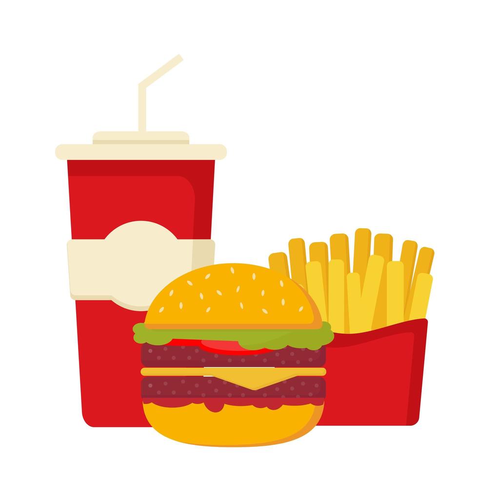 pasto combinato fast food con patatine fritte e bevande hamburger vettore
