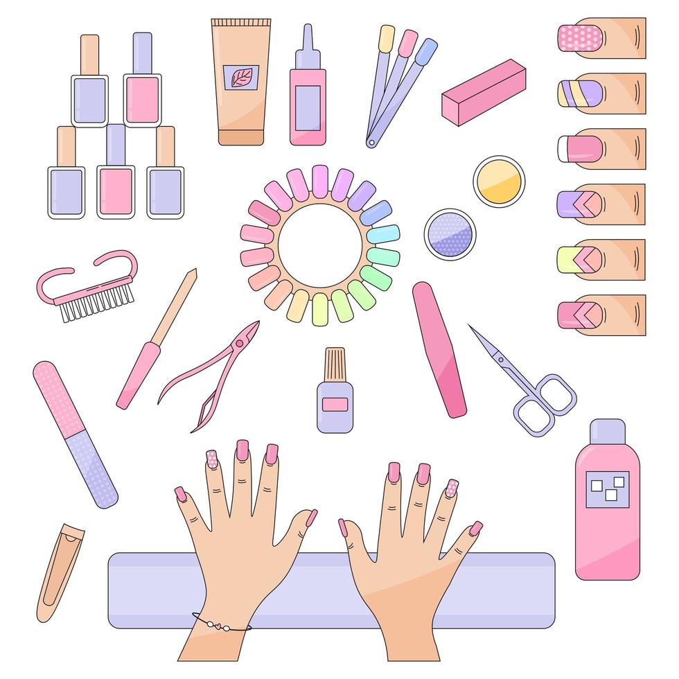 set di accessori per manicure con mani, attrezzature, strumenti. lima per unghie, forbicine per unghie, pinzetta, smalto per unghie, crema per le mani, solvente per smalto, pennello vettore