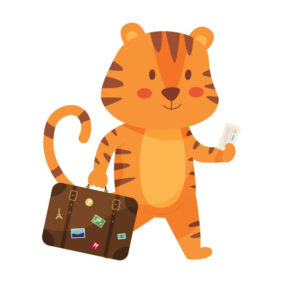 tigre viaggiatore. simpatico viaggiatore tigre con valigia e biglietto in mano. illustrazione vettoriale isolato su sfondo bianco.