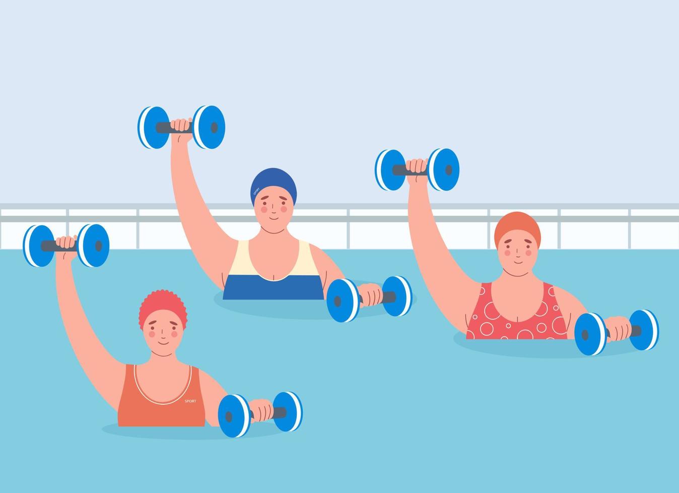gruppo di donne che eseguono esercizi di acquagym con manubri in schiuma nella piscina di un centro sportivo. allenamento dimagrante. concetto di sport per la perdita di peso. vettore
