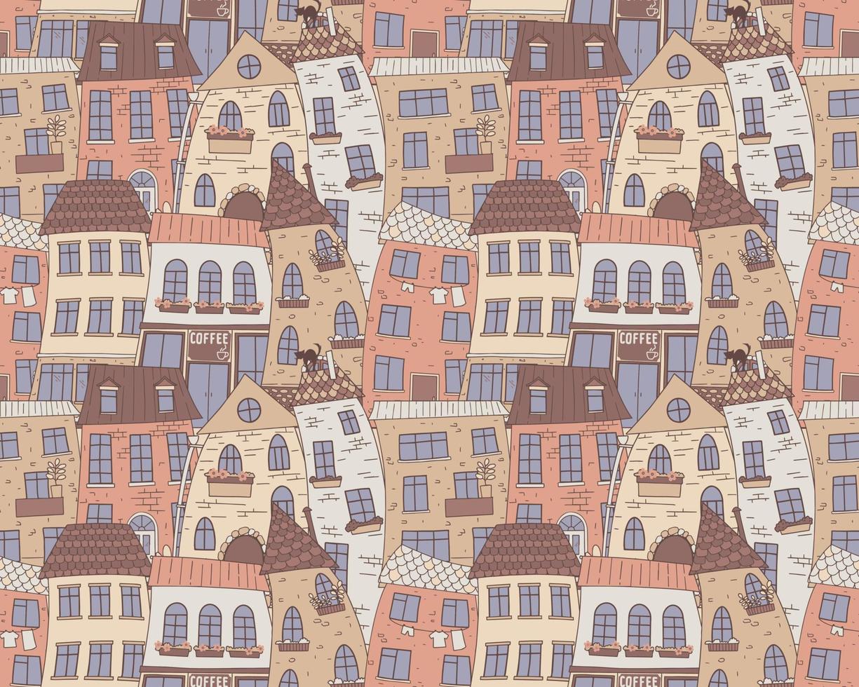 modello senza cuciture. città europea con vecchie case accoglienti. design in stile urbano per packaging, tessuto o carta da parati. vettore