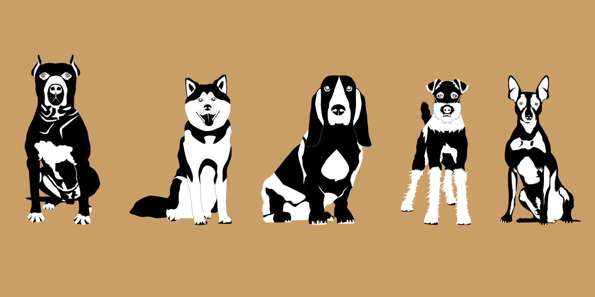 vari tipi di cani che disegnano in bianco e nero vettore