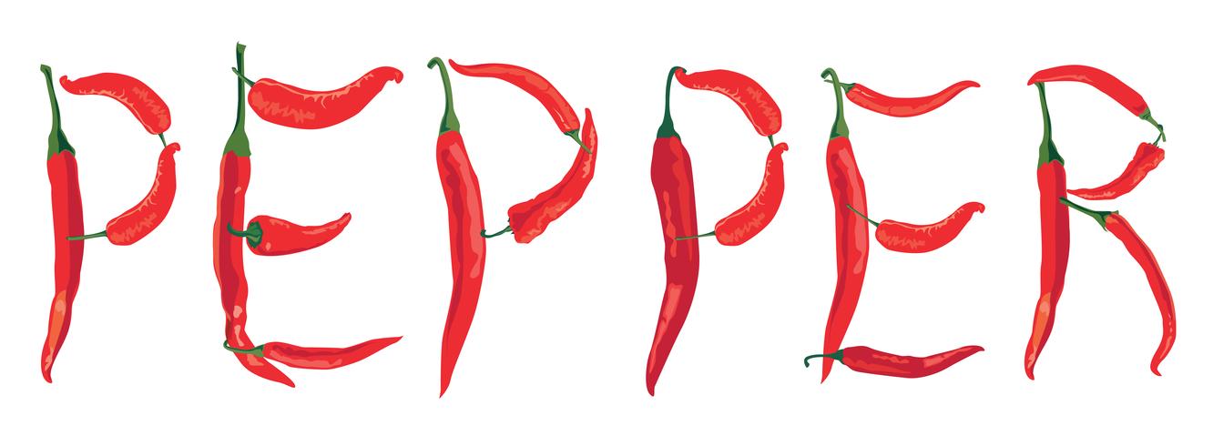 peperoncino piccante su sfondo bianco con lettering Pepper vettore