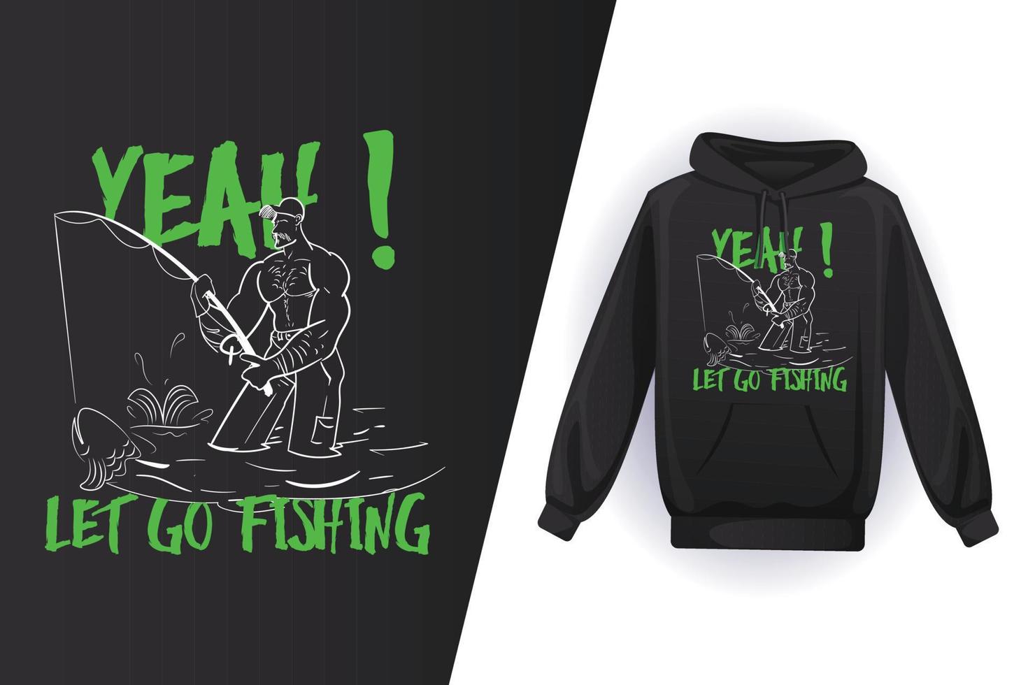 disegno della maglietta di pesca, vettore di progettazione con cappuccio nero