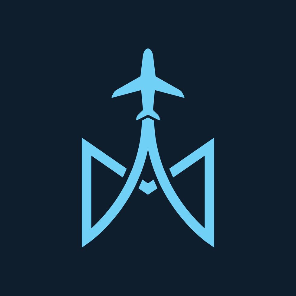lettera m con disegno dell'illustrazione vettoriale dell'icona del logo del trasporto di viaggio della mosca dell'aeroplano
