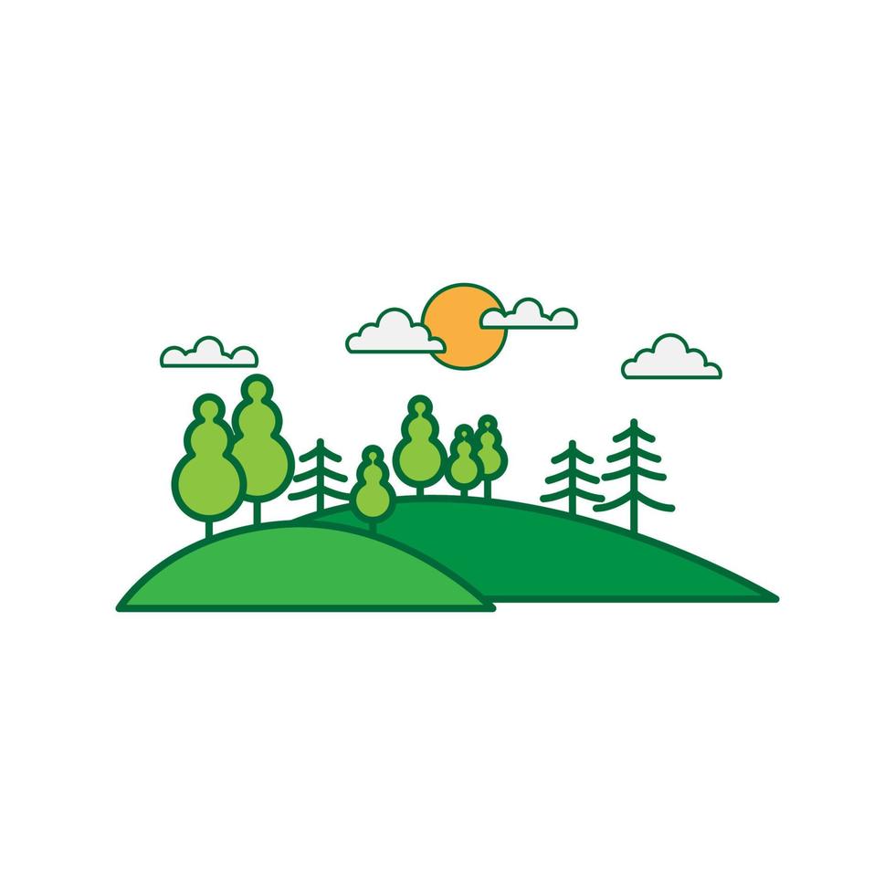 collina verde con albero e nuvola vista logo colorato icona illustrazione vettoriale design