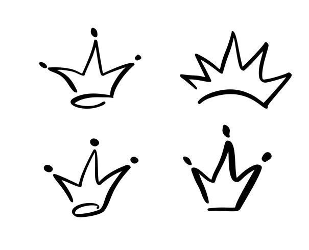 Set di simbolo disegnato a mano di una corona stilizzata. Disegnato con inchiostro nero e pennello. Illustrazione vettoriale isolato su bianco. Design del logo. Pennellata di grunge
