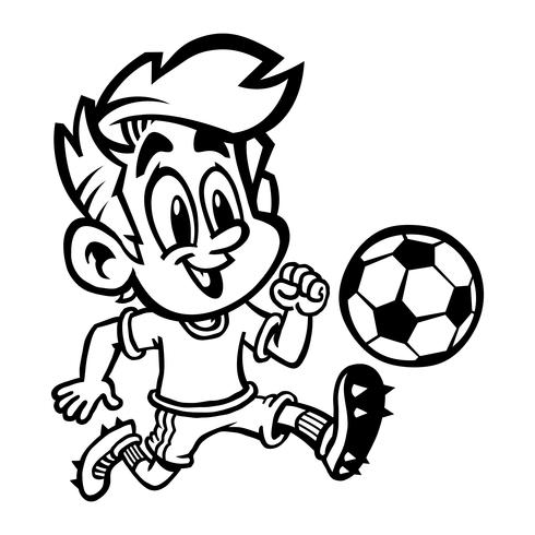 Cartoon Boy Kid Giocare a calcio o calcio in una t-shirt verde e scarpe tacchetta vettore