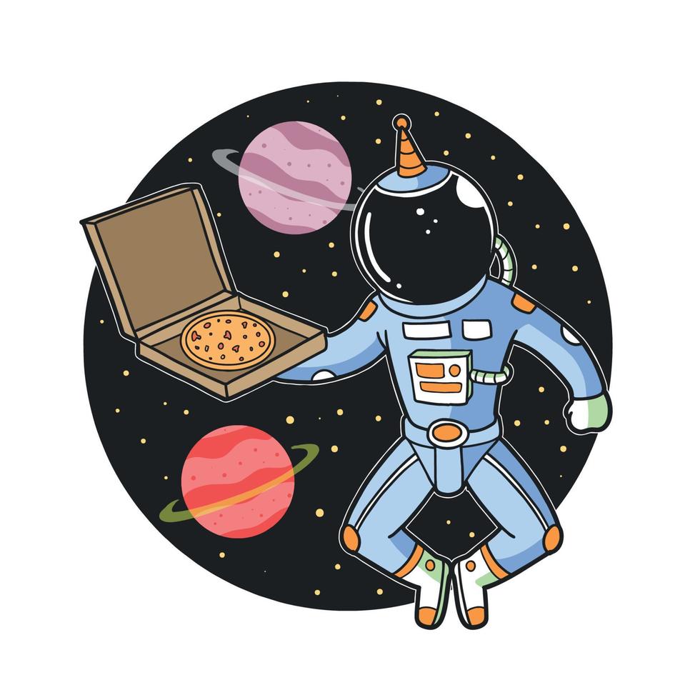 astronauta della grafica che mangia pizza nel concetto di spazio vettore