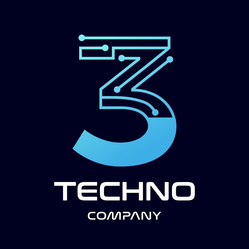 modello di logo di vettore di tecnologia numero tre. questo disegno usa il simbolo blu e punto. adatto per il testo.