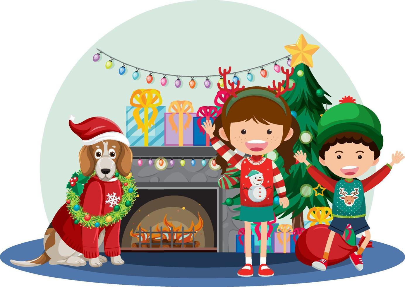 bambini con cane beagle che indossano abiti natalizi vettore