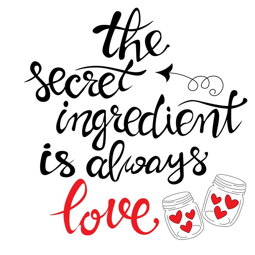 l'ingrediente segreto è sempre l'amore, l'iscrizione calligrafica. citazione stimolante e positiva, motivazione, design delle lettere. citazioni dicendo. per San Valentino. vettore. per il menu del ristorante, bar vettore