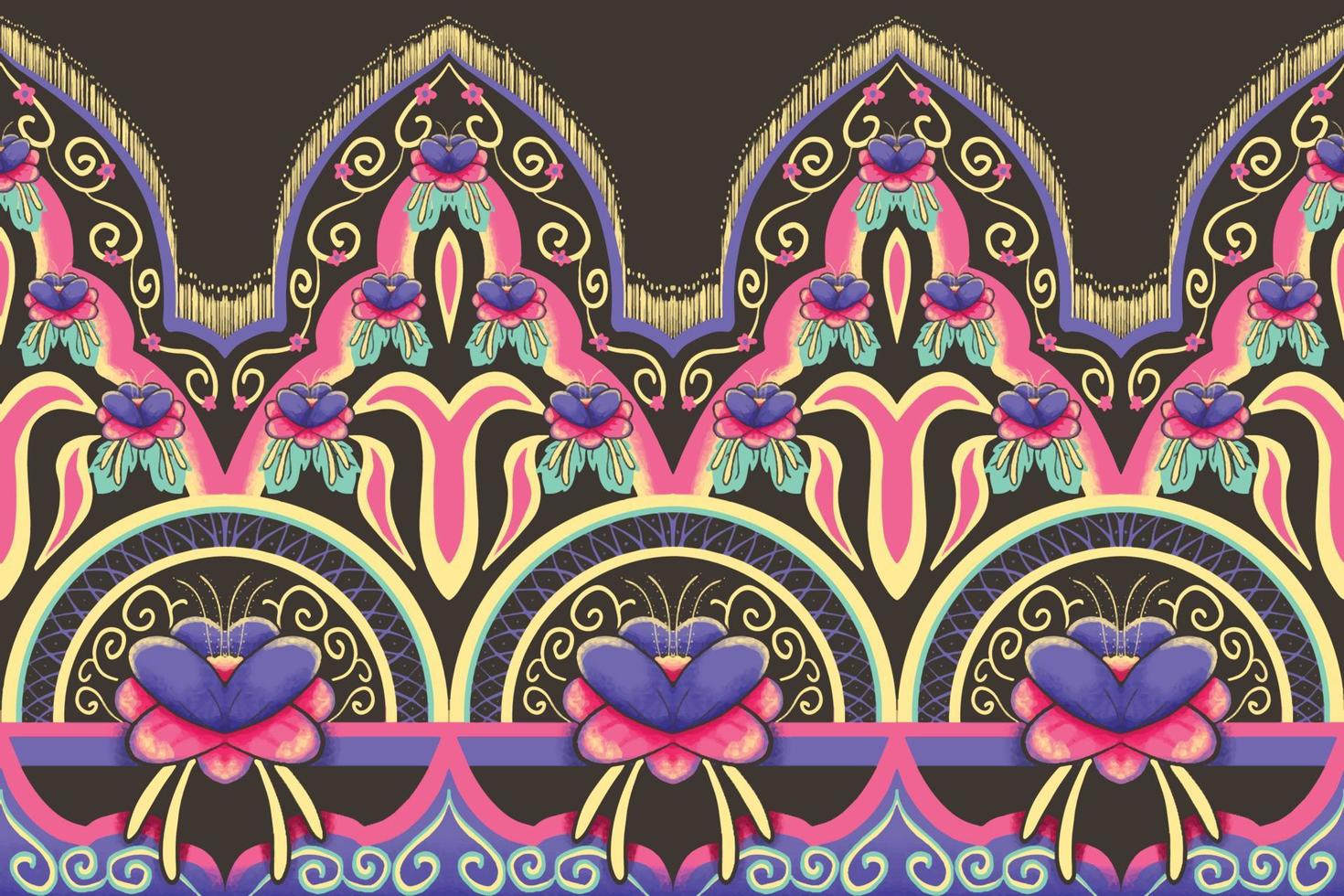 fiore rosa, viola, verde, giallo su marrone. disegno tradizionale geometrico etnico orientale modello per sfondo, tappeto, carta da parati, abbigliamento, confezionamento, batik, tessuto, illustrazione vettoriale stile ricamo