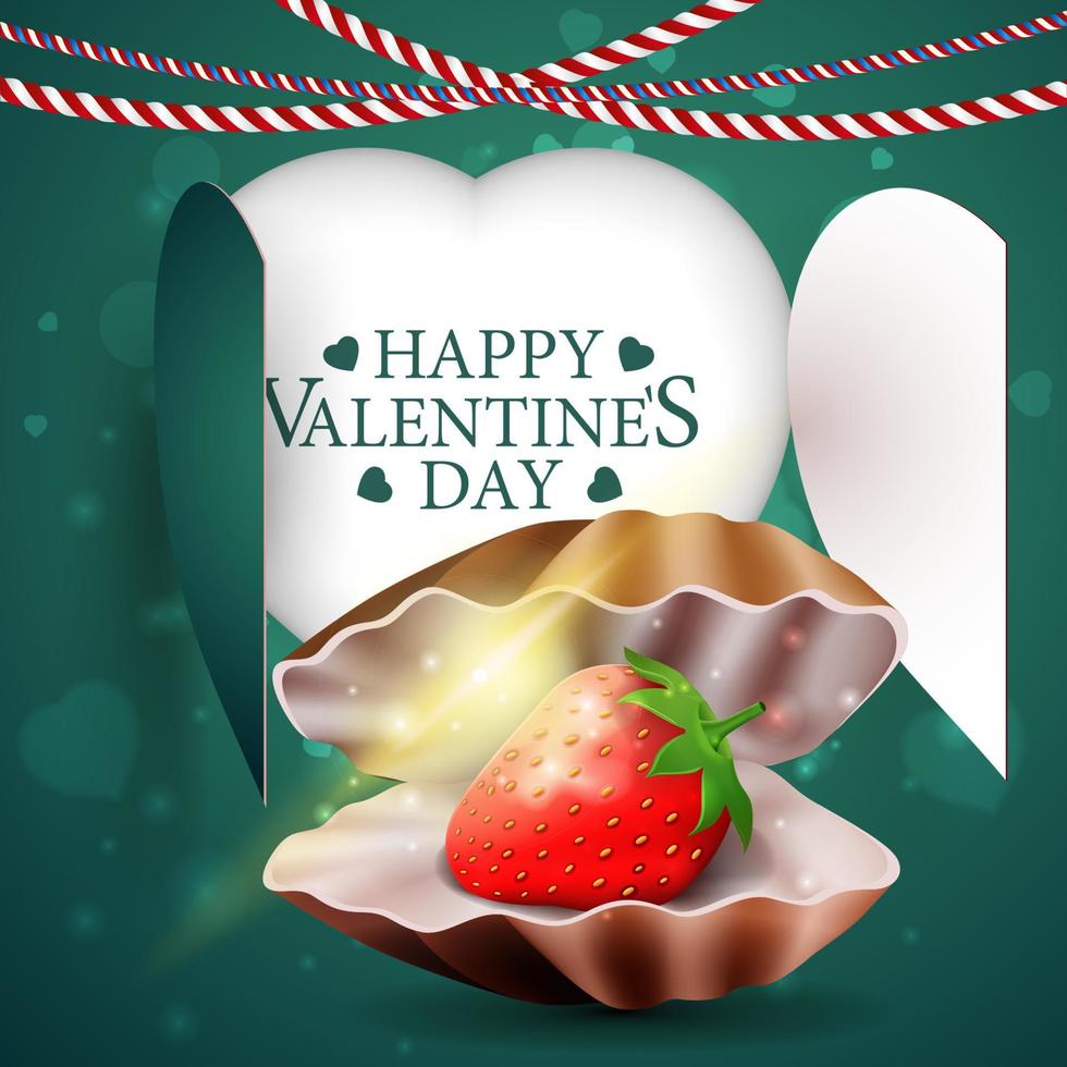 modello di biglietto verde di auguri di san valentino con guscio di perla e fragola vettore