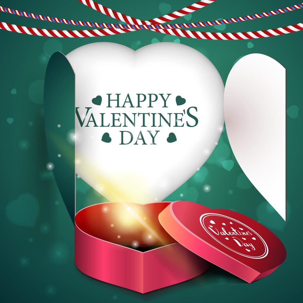 modello di biglietto verde di saluto di san valentino con cuore e regalo a forma di cuore vettore
