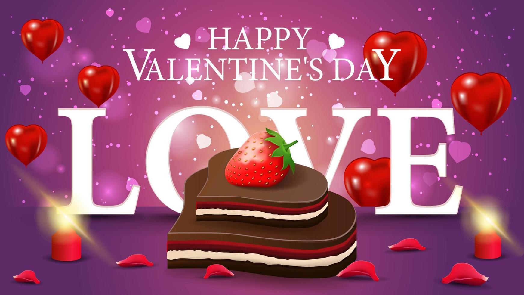 biglietto di auguri viola orizzontale di san valentino con caramelle al cioccolato a forma di cuore e fragola vettore