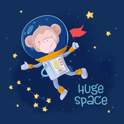 Cartolina Poster carino scimmia astronauta nello spazio con le costellazioni e le stelle in stile cartone animato. Disegno a mano vettore
