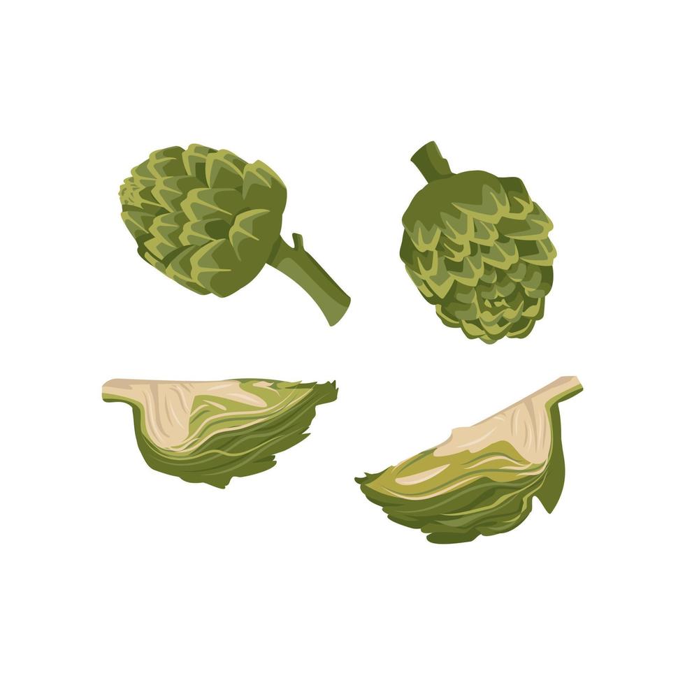 set di icone di carciofo verde. verdure e foglie sane intere e in parte, raccolta. cibo delizioso per insalata e cucinare. illustrazione piatta vettoriale