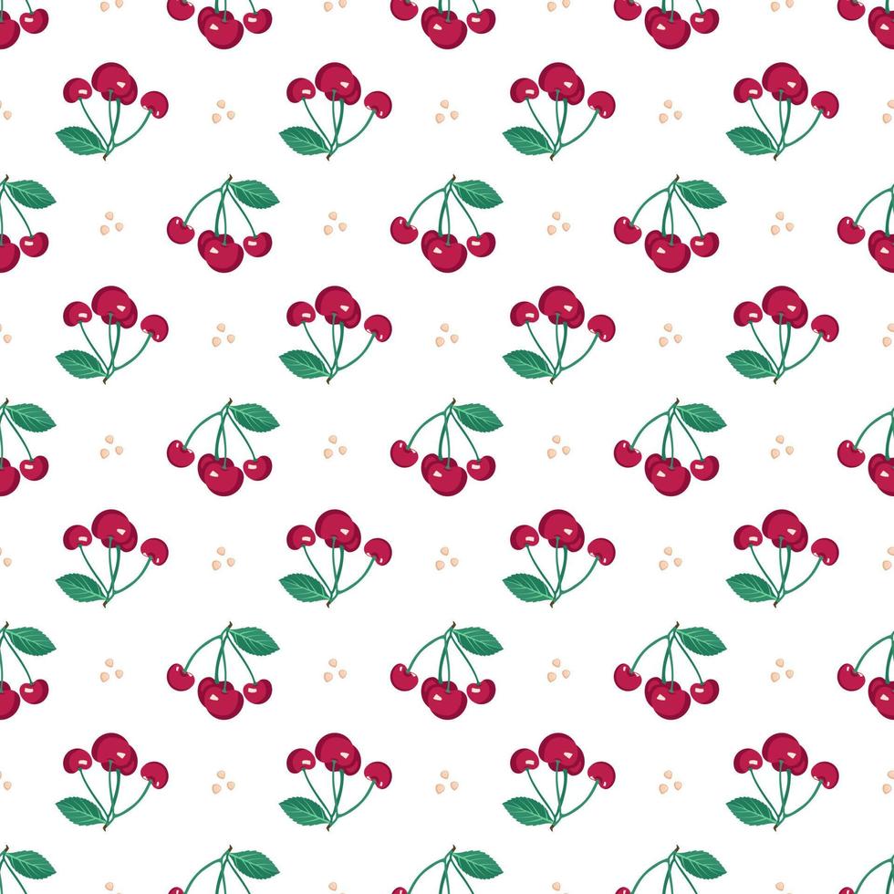 bacca di ciliegio senza cuciture con foglie, stampa su sfondo bianco. illustrazione piatta vettoriale con diversi elementi rossi e verdi per la primavera e l'estate