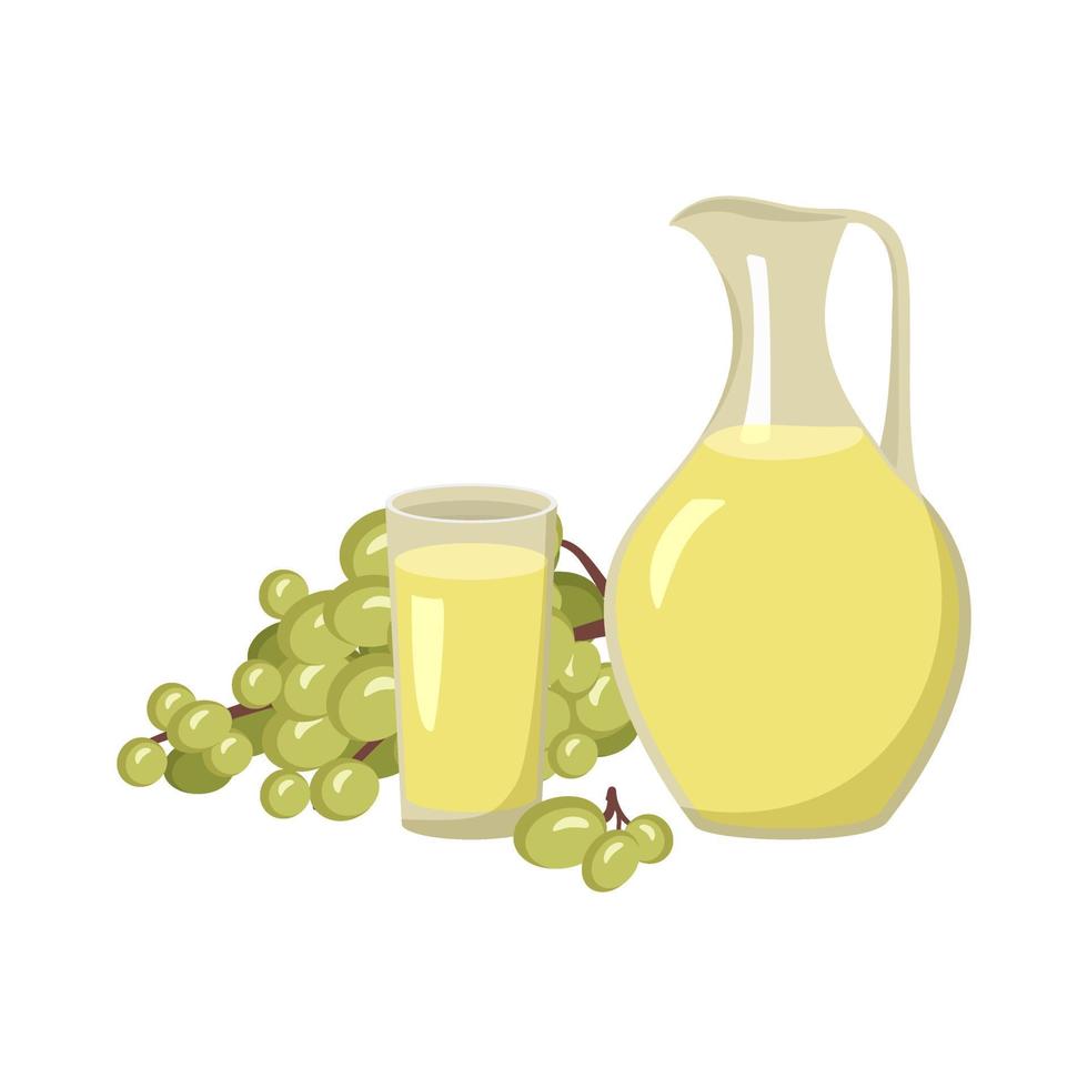 brocca e bicchiere con succo d'uva gialla e ramo con frutti di bosco. bevanda e prodotto sani deliziosi. illustrazione di cibo piatto vettoriale