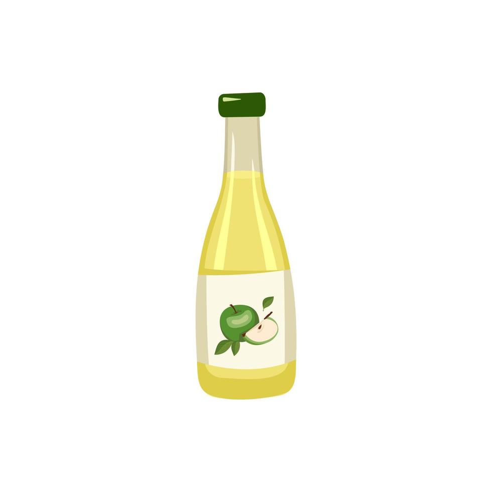 bottiglia con succo di mela, frutta intera con foglie. bevanda e prodotto sani deliziosi. illustrazione piatta di vettore di cibo