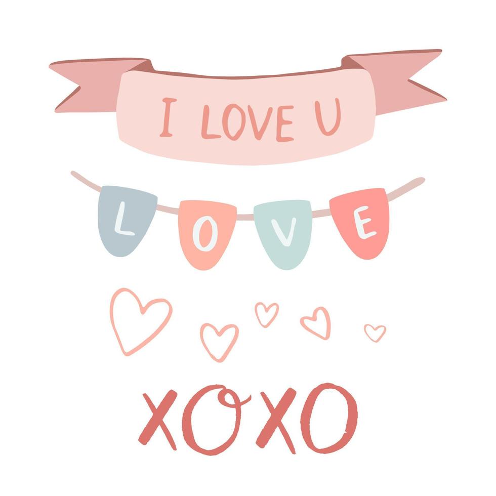 set di oggetti di san valentino. ti amo banner garland e xoxo dicendo vettore