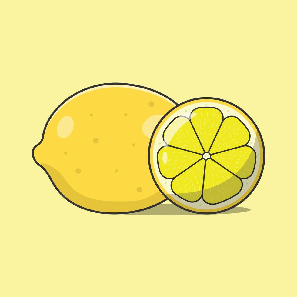 illustrazione vettoriale di limone. frutta acida e fresca. intero e mezzo. stile cartone animato piatto adatto per icona, pagina di destinazione web, banner, volantino, adesivo, carta, sfondo, t-shirt, clip-art