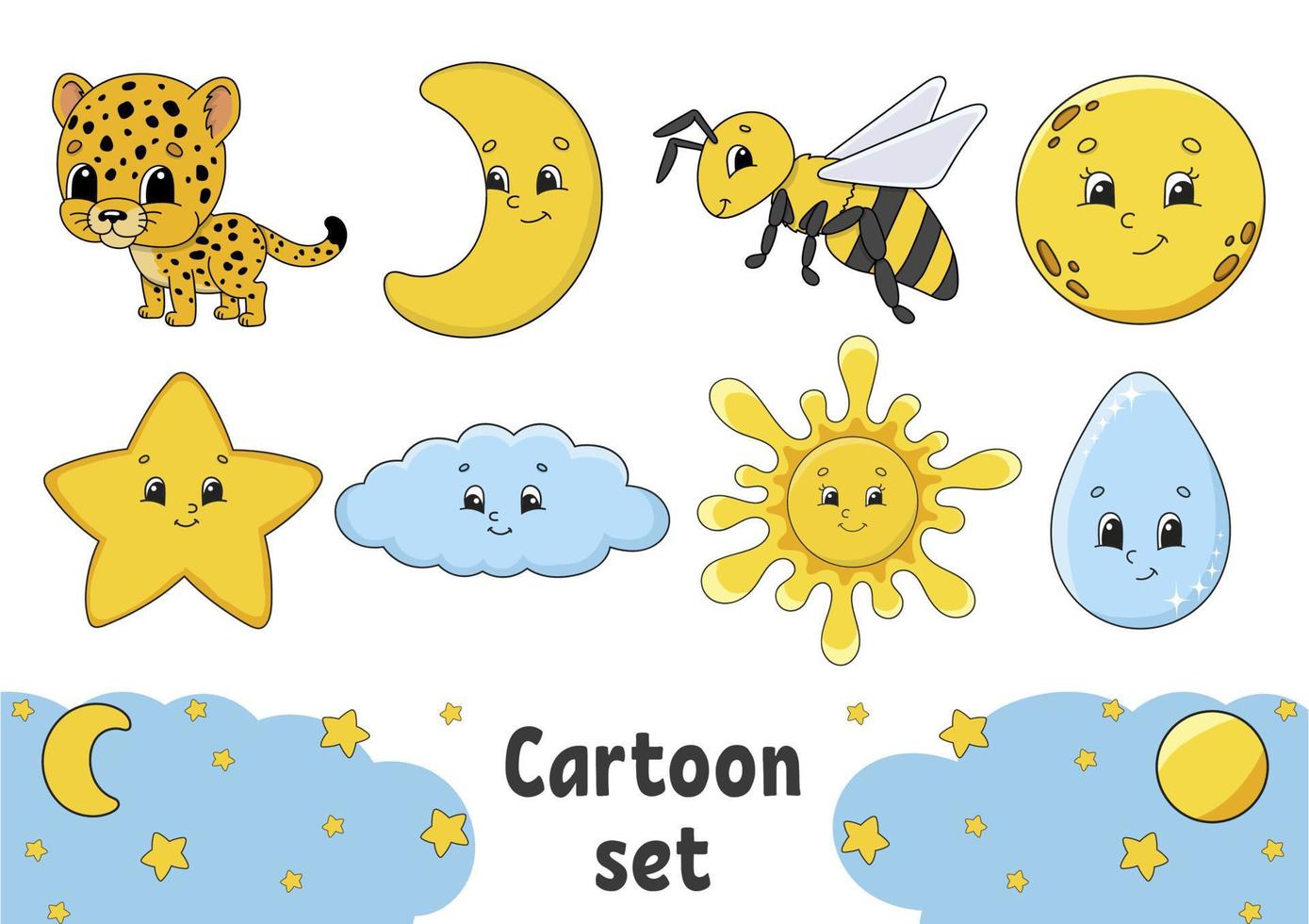 set di adesivi con simpatici personaggi dei cartoni animati. disegnato a mano. confezione colorata. illustrazione vettoriale. collezione di badge patch per bambini. per pianificatore quotidiano, organizzatore, diario. vettore