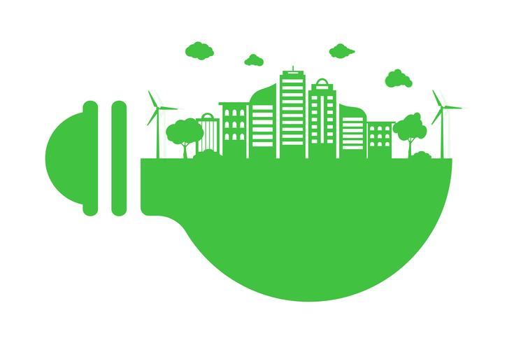 Salva il concetto di mondo pianeta terra. Concetto di giornata mondiale dell&#39;ambiente. città urbana moderna verde sulla lampadina verde, sicuro il mondo, concetto di ecologia vettore
