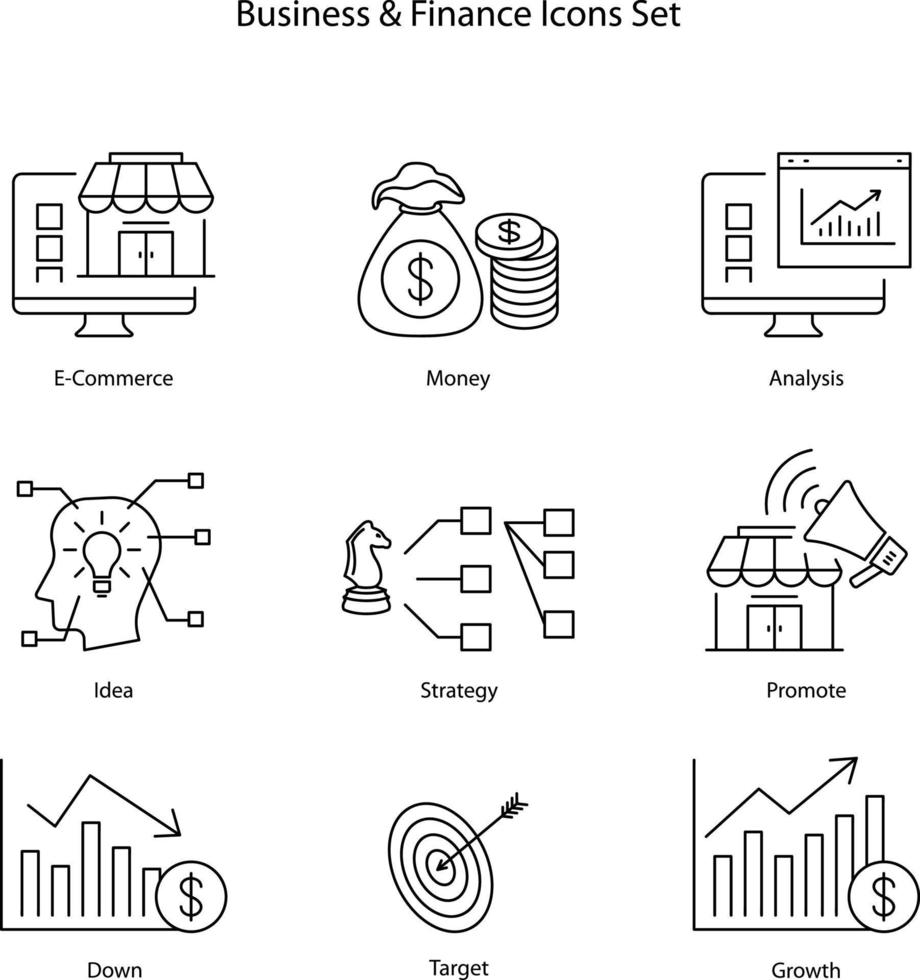 illustrazione vettoriale set di icone di affari e finanza su sfondo bianco.