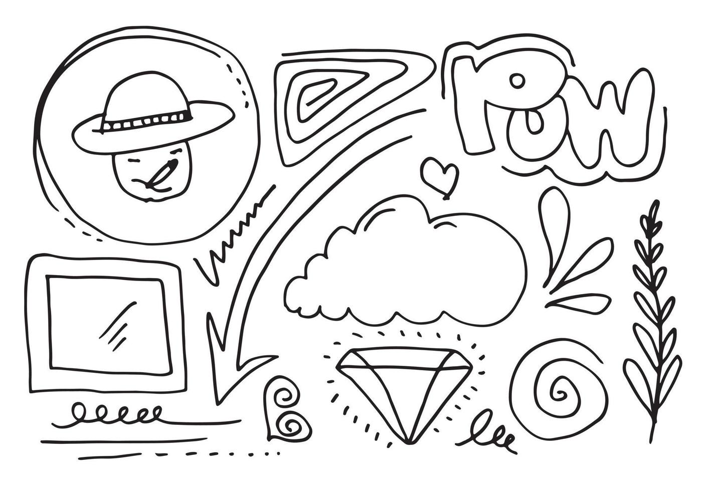 elemento set disegnato a mano, nero su sfondo bianco. emoticon, cornice, nuvole, freccia, cuore, foglia, fruscii, picchi, enfasi, vortice, cuore, per concept design. vettore