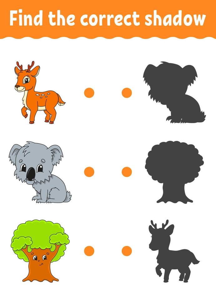 trova l'ombra corretta. foglio di lavoro per lo sviluppo dell'istruzione. gioco di abbinamento per bambini. pagina delle attività a colori. puzzle per bambini. simpatico personaggio. illustrazione vettoriale. stile cartone animato. vettore