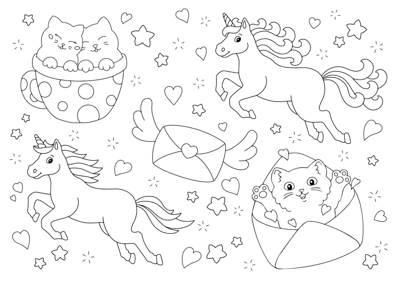 adorabili unicorni, simpatici gatti, una busta volante. pagina del libro da colorare per bambini. San Valentino. personaggio in stile cartone animato. illustrazione vettoriale isolato su sfondo bianco.