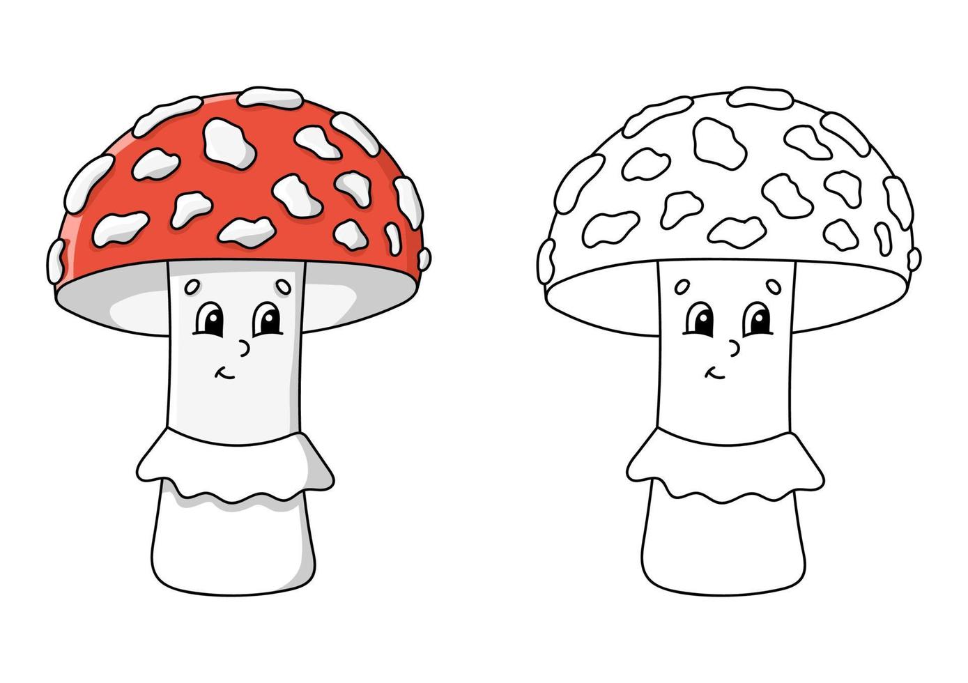 pagina del libro da colorare per bambini. fungo amanita. personaggio in stile cartone animato. illustrazione vettoriale isolato su sfondo bianco.
