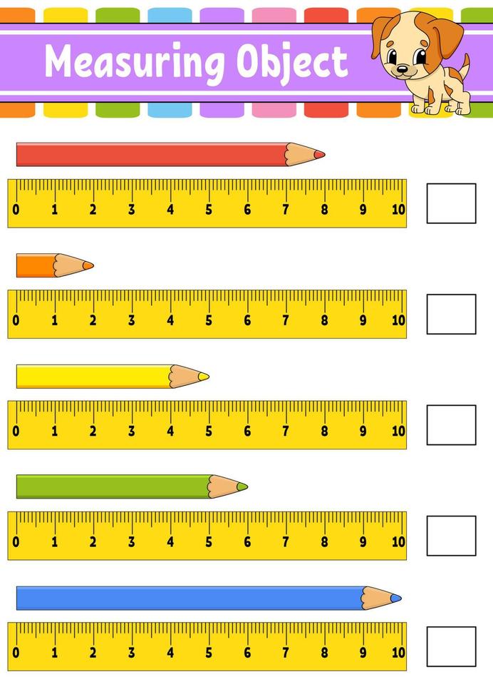 oggetto di misurazione con righello. foglio di lavoro per lo sviluppo dell'istruzione. gioco per bambini. pagina attività a colori. puzzle per bambini. personaggio carino. illustrazione vettoriale. stile cartone animato. vettore