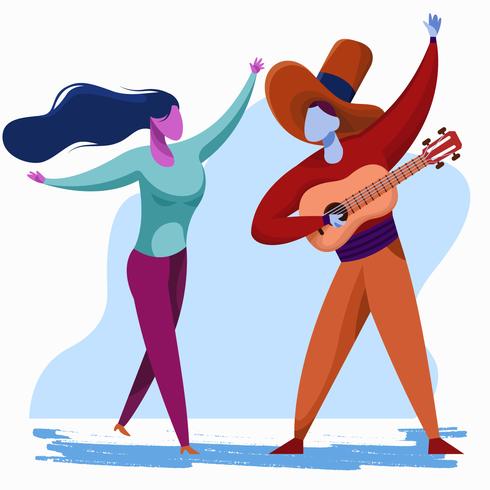 Uomo che gioca l&#39;illustrazione di vettore di dancing della ragazza e della chitarra