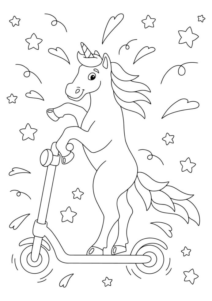 un allegro unicorno cavalca uno scooter elettrico. pagina del libro da colorare per bambini. personaggio in stile cartone animato. illustrazione vettoriale isolato su sfondo bianco.