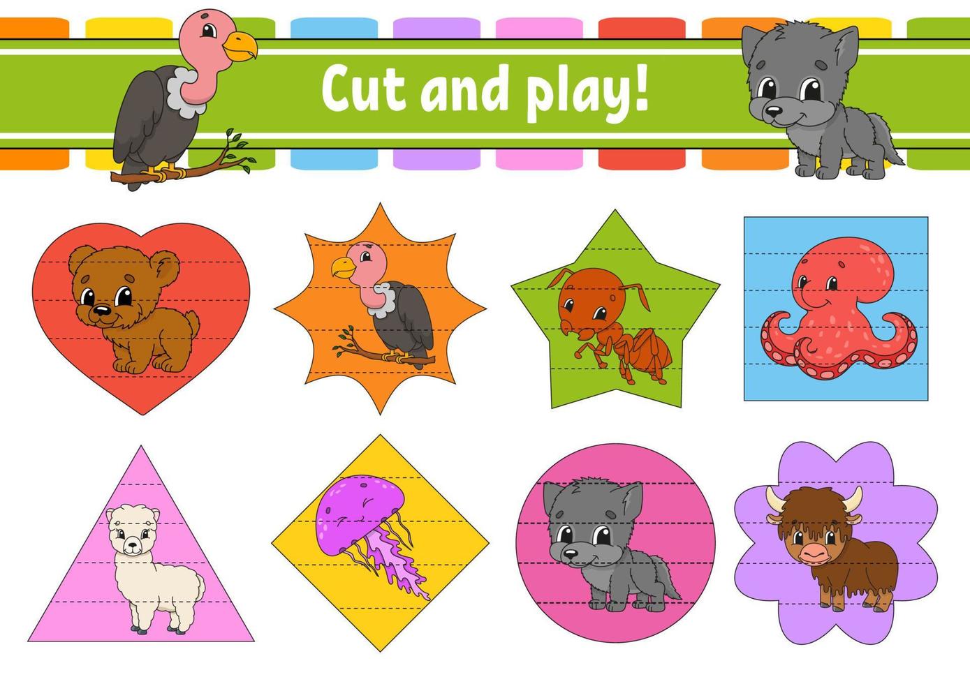 taglia e gioca. puzzle logico per bambini. foglio di lavoro per lo sviluppo dell'istruzione. insieme di animali. pagina delle attività. pratica di taglio per la scuola materna. semplice illustrazione vettoriale piatto isolato in stile cartone animato carino.