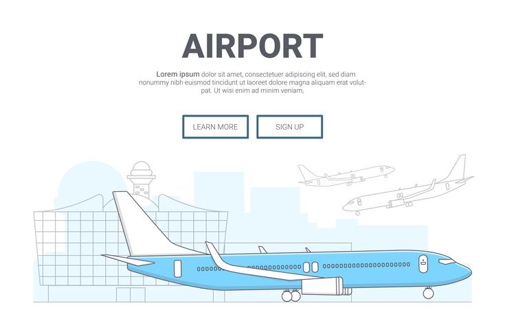Aeroplano del paesaggio sul fondo dell&#39;aeroporto. design per il sito web della pagina di destinazione. Thine Line art vettore