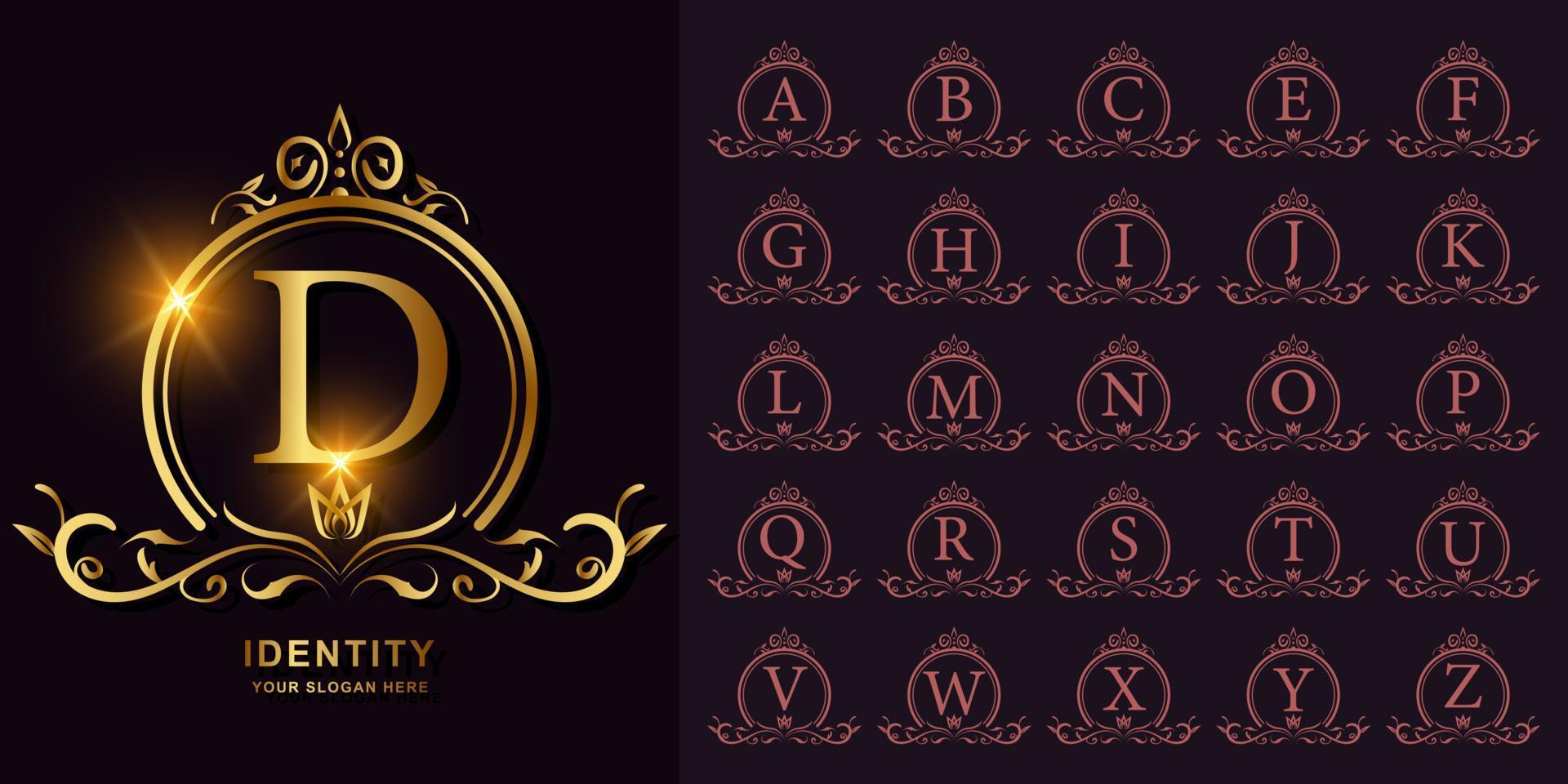 alfabeto iniziale della collezione con ornamento di lusso o modello di logo dorato con cornice floreale. vettore