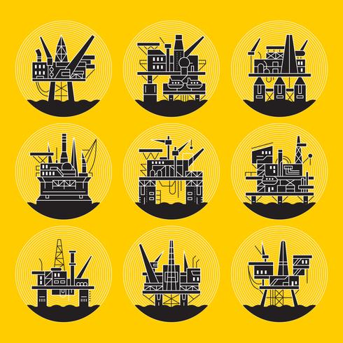 Set di icone della piattaforma petrolifera. vettore