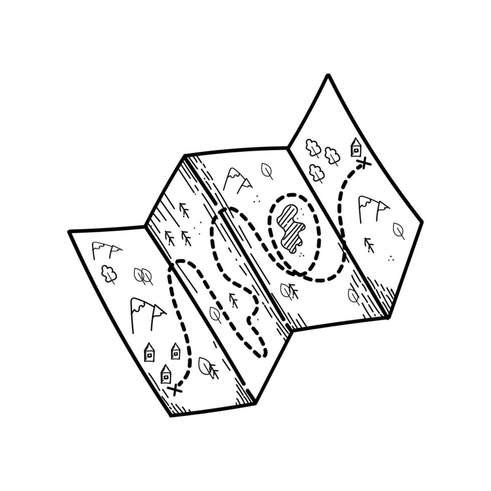 percorso disegnato a mano. mappa di piegatura della carta con icona disegnata a mano di doodle modificabile del percorso. mappa per il campeggio, l'escursionismo, l'illustrazione del turismo locale. vettore