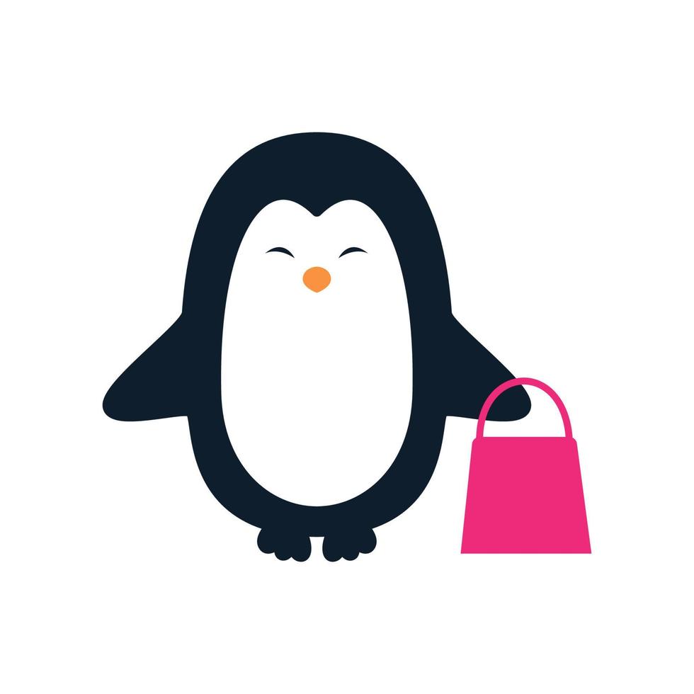 pinguino shopping simpatico cartone animato logo illustrazione vettoriale design