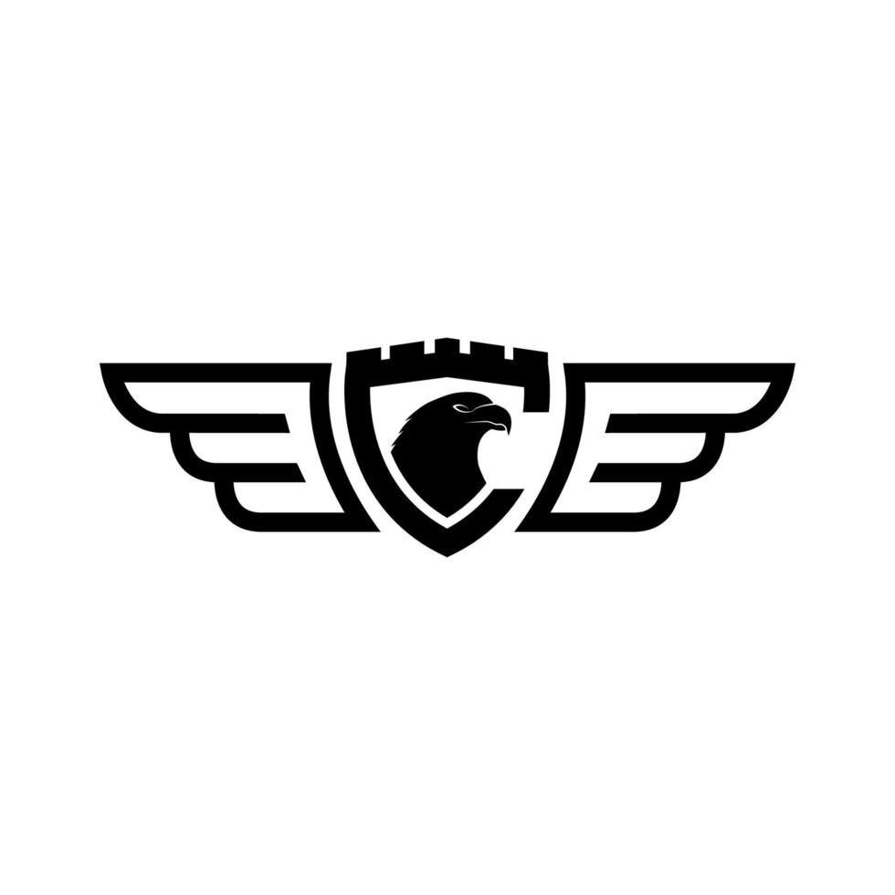 testa d'aquila vintage su scudo e design del logo della linea delle ali vettore