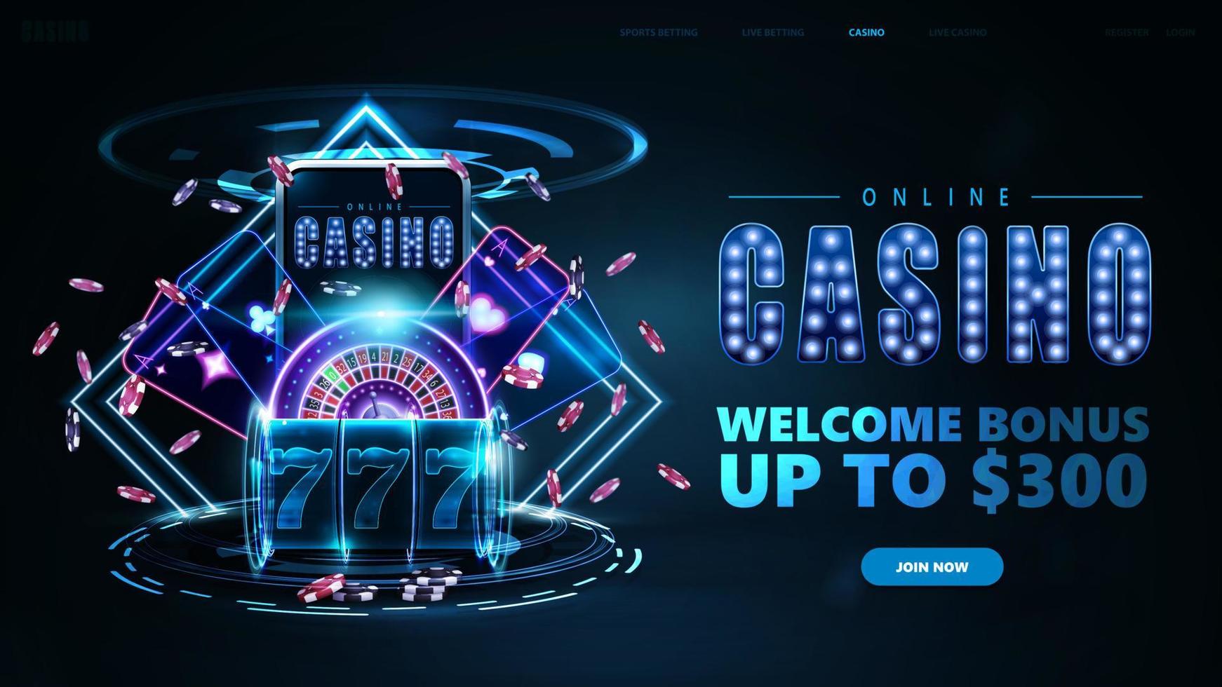 casinò online, banner con pulsante, smartphone, slot machine al neon, roulette del casinò e fiches da poker con cornici a rombo al neon e ologramma di anelli digitali vettore